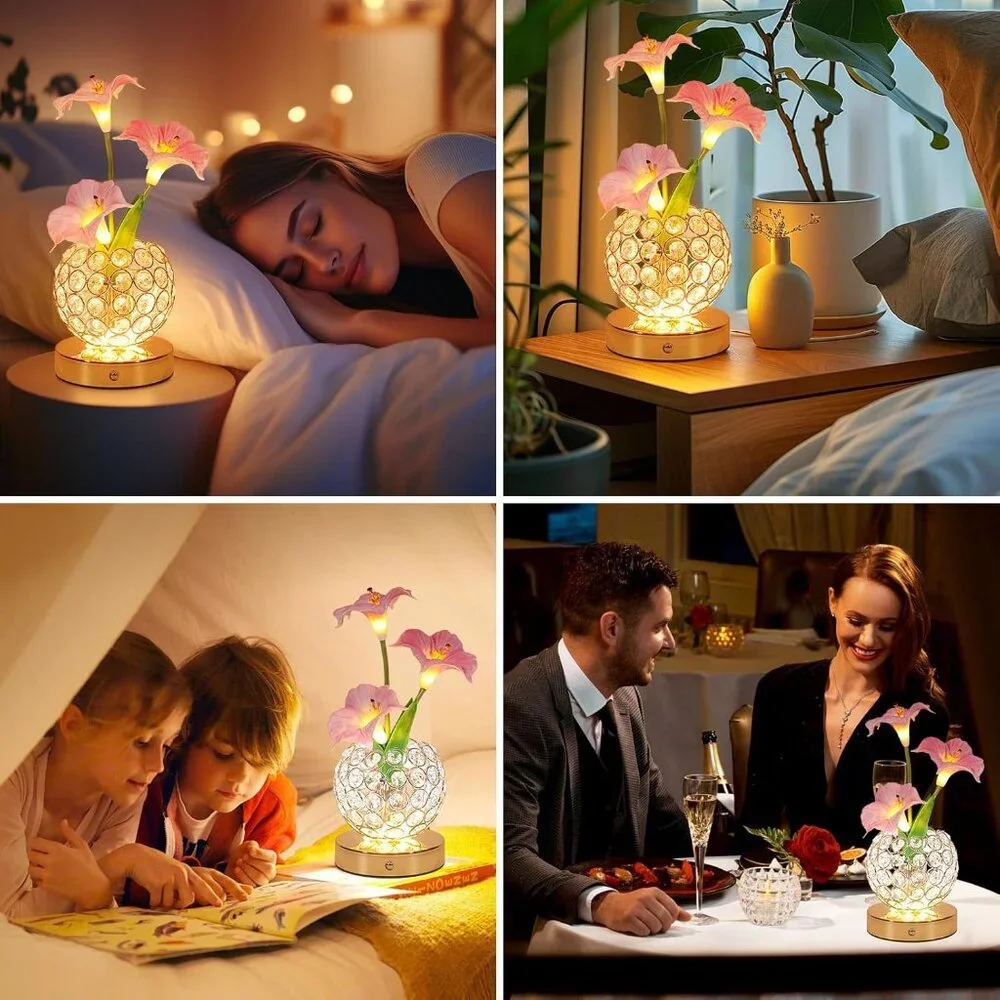 Pink Artificial Flower Rechargeable Morning Crystal Touch Glory Table Lamp Decor